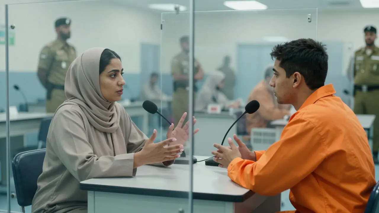 Visitor and inmate talking through a plexiglass partition in a prison visitation room.