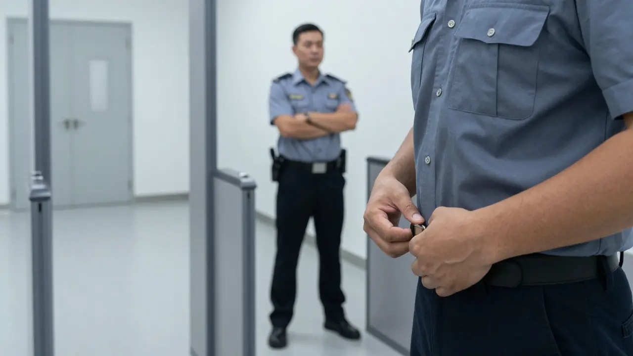 Visitor removing belt at metal detector during security check