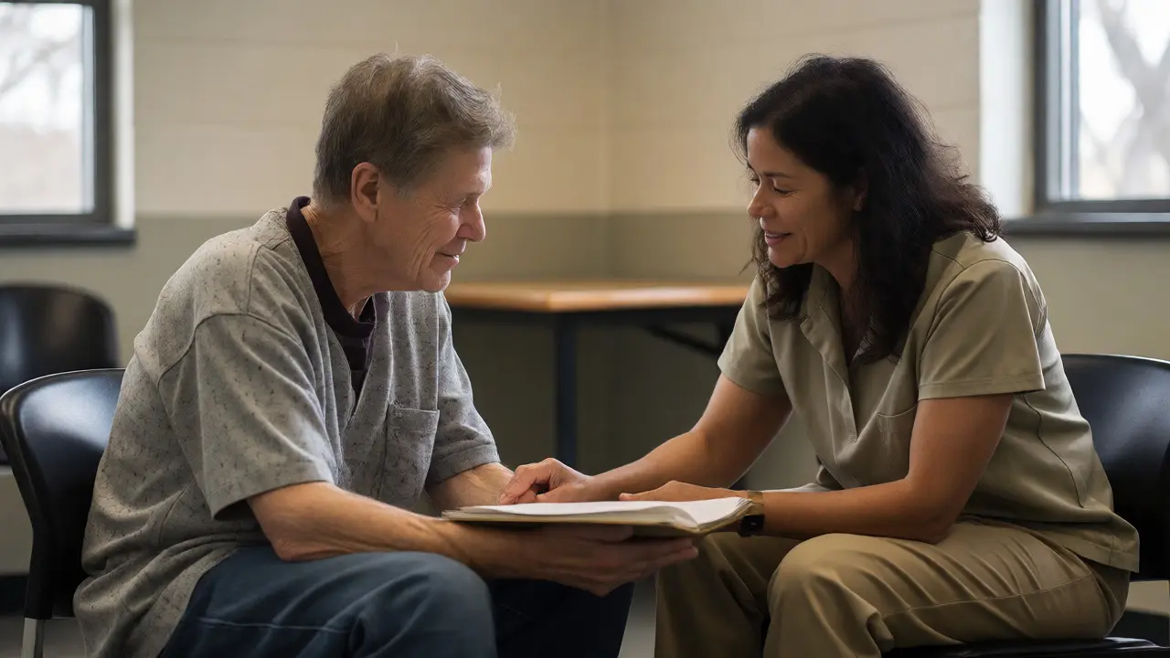 A case manager and formerly incarcerated individual discussing plans in a supportive meeting setting, illustrating warm handoffs.