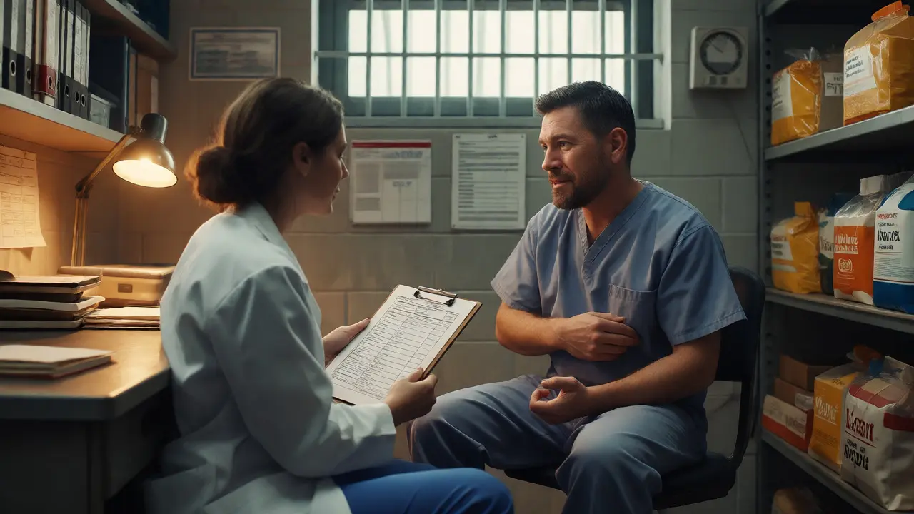 A dietitian reviewing medical dietary orders with an inmate in a correctional facility office.
