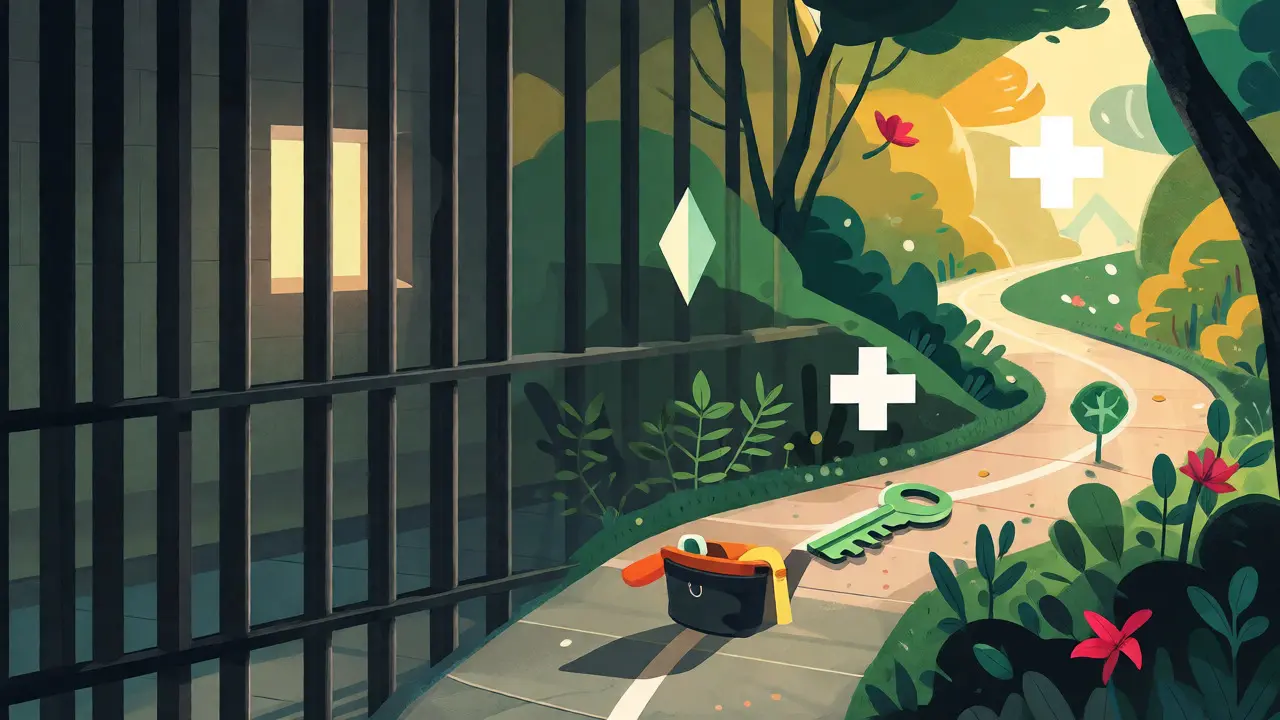 Abstract path transitioning from prison bars to a sunny garden, symbolizing continuous care, housing, and employment success.