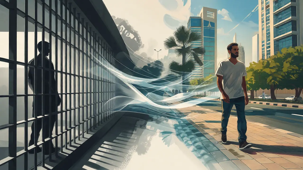 Artistic depiction of transitioning from prison to freedom via exercise
