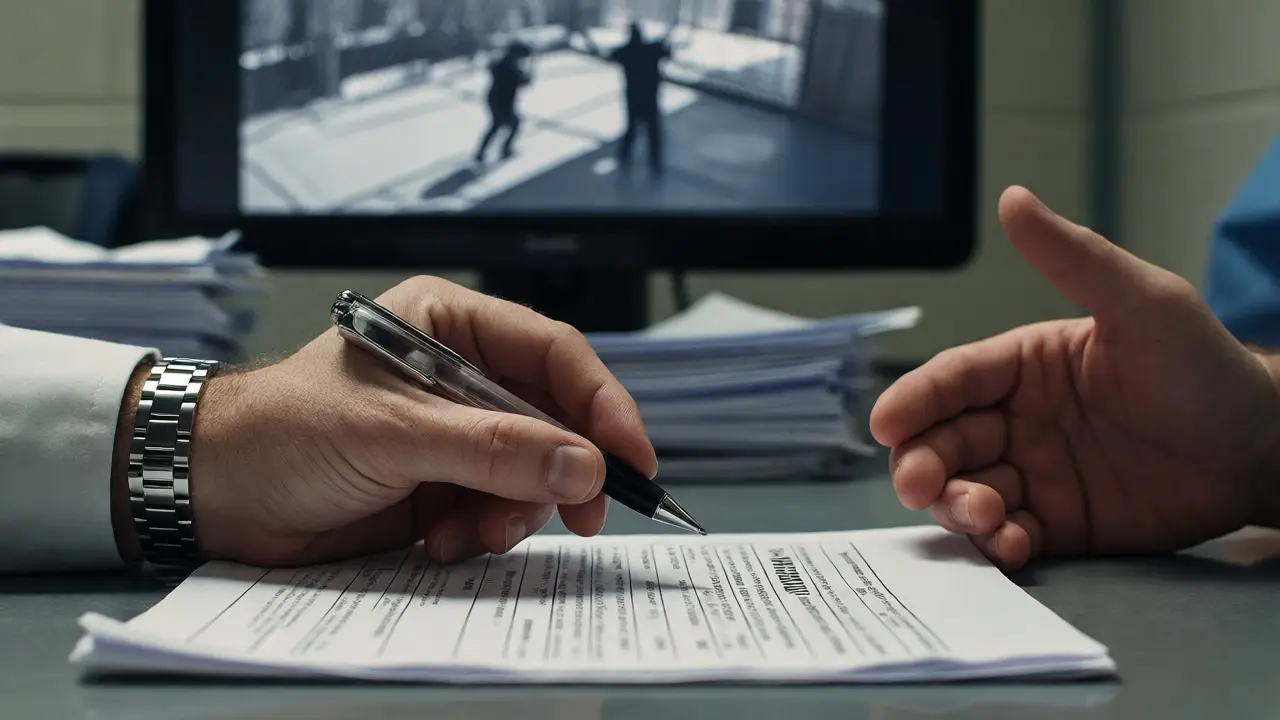 Close-up of hands deciding on a disciplinary file at a prison desk.
