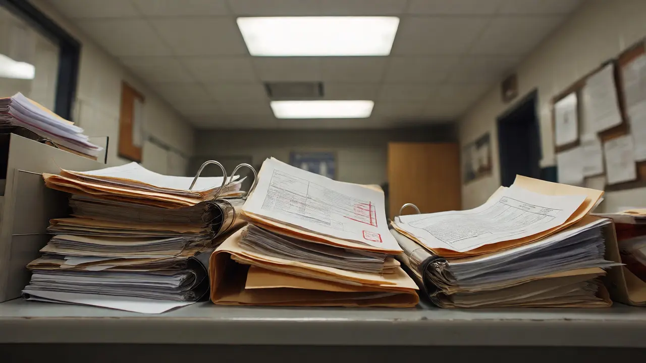 Cluttered desk with rejected paperwork files