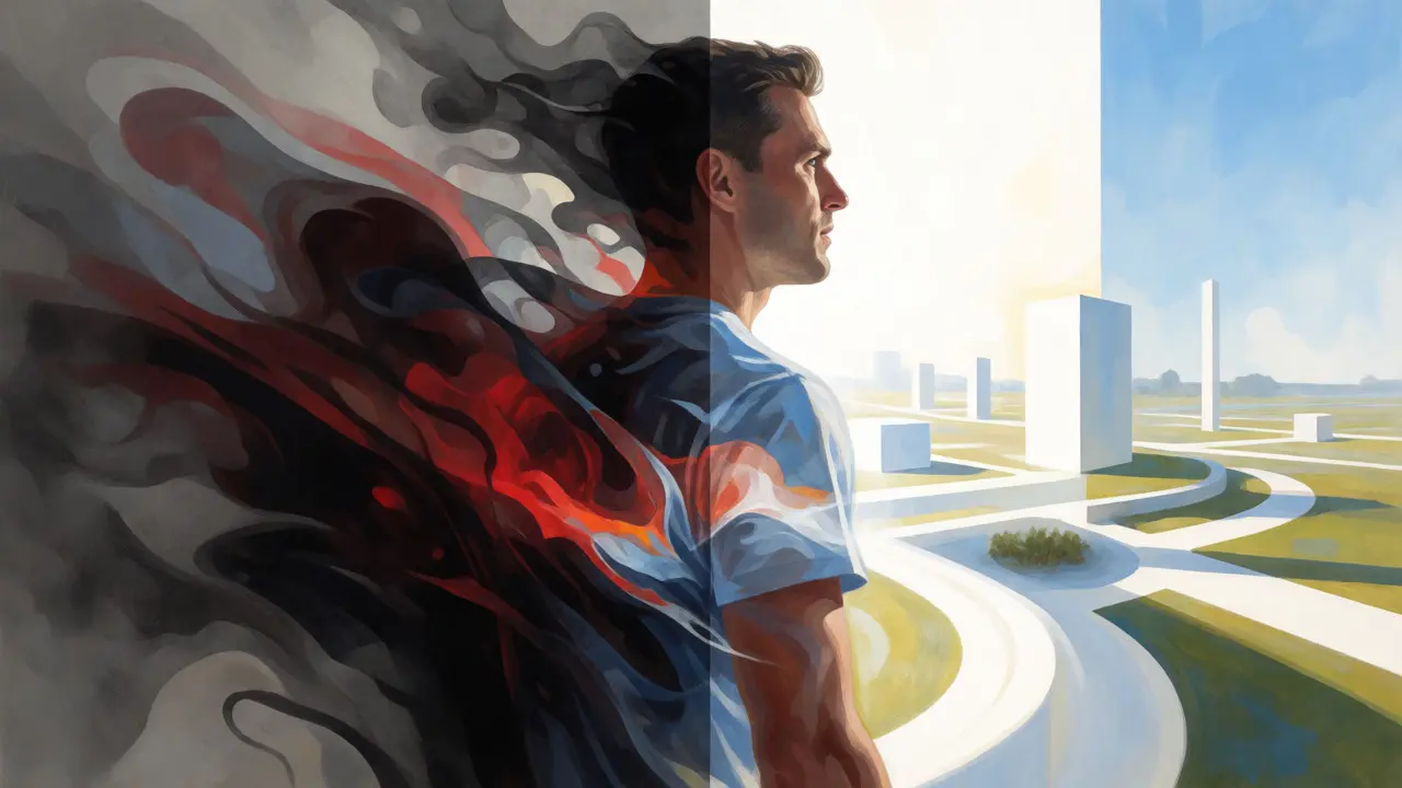 Conceptual art showing a man transitioning from chaotic shadows to structured light