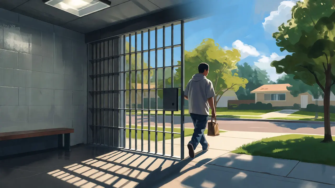 Conceptual image of a person stepping from a dark jail cell into a bright, sunny outdoor world.