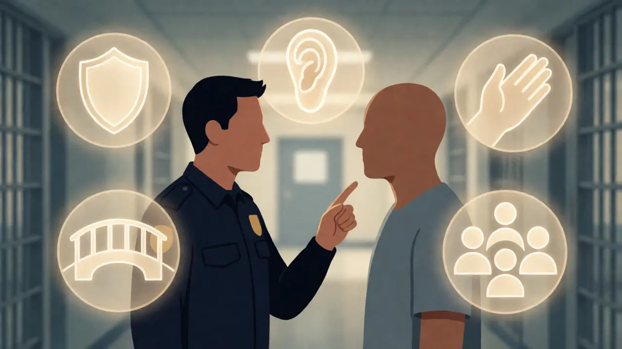 Conceptual visualization of ALGEE mental health first aid steps in a prison.