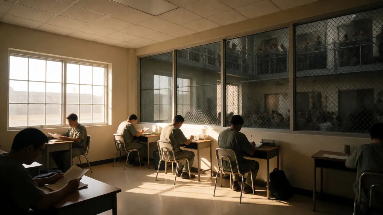 Contrast between bright minimum-security dorm and dark high-security block