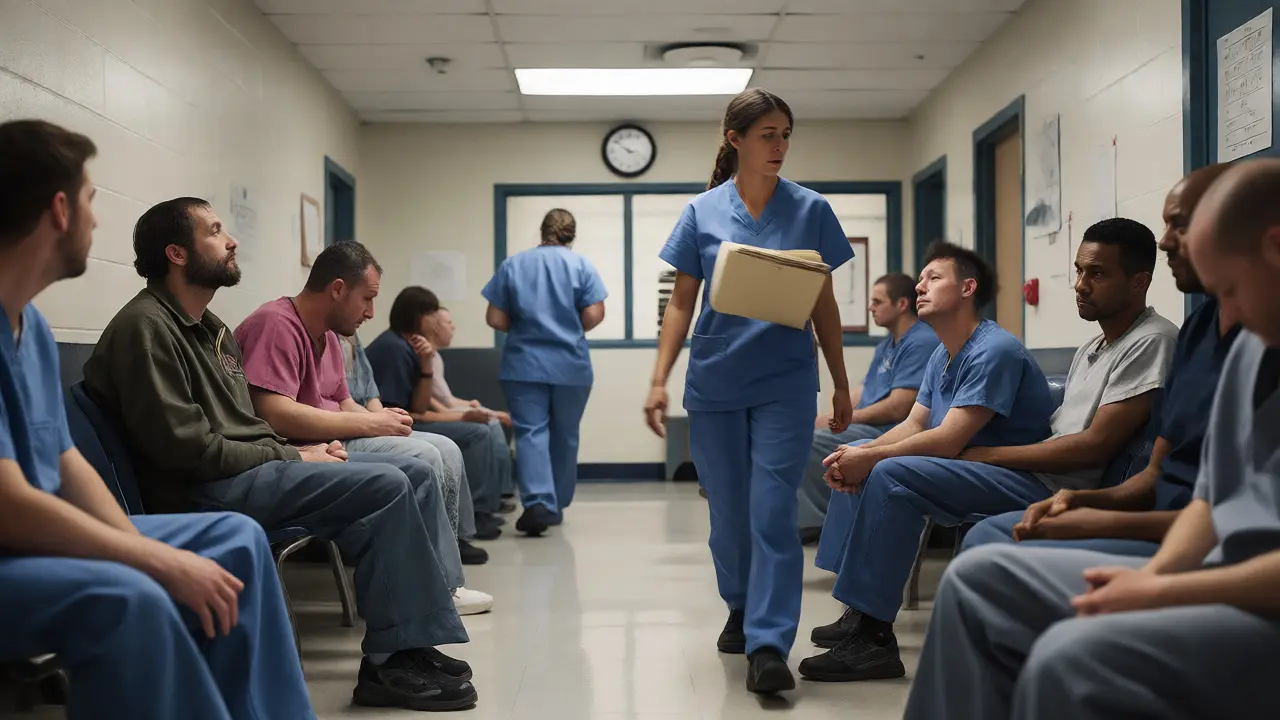 Frustrated inmates waiting in a crowded prison medical clinic while a busy nurse walks past them.