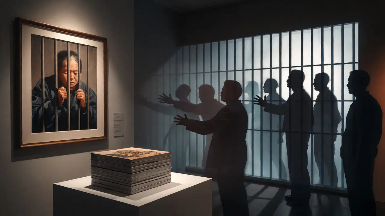 Gallery display of prison art and books connecting creators to society