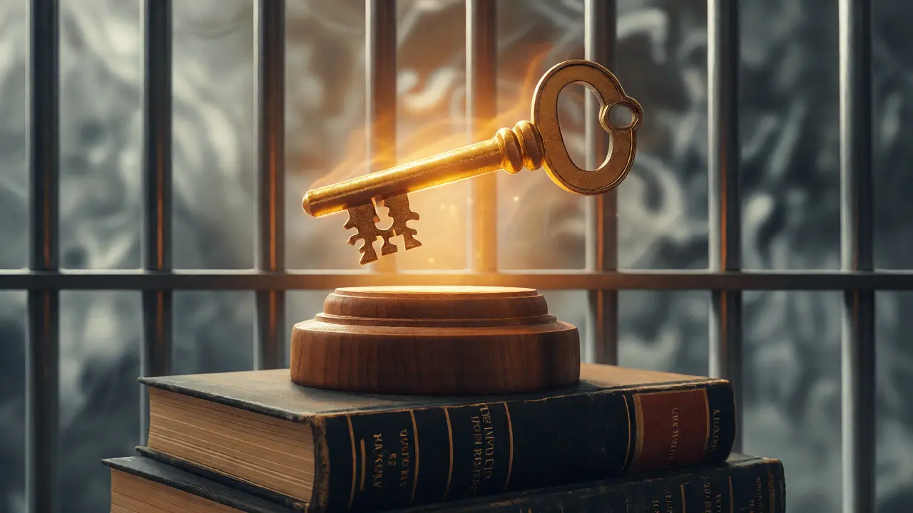 Golden key floating above legal books and prison bars