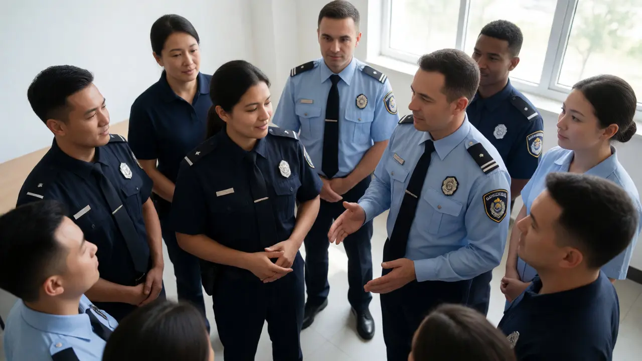 Group of correctional staff practicing de-escalation role-play in a training session