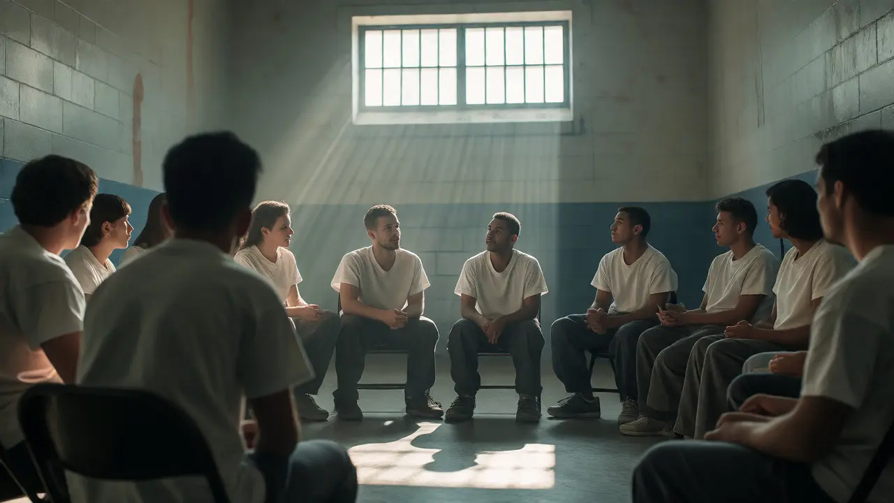 Group of incarcerated students discussing in a circle