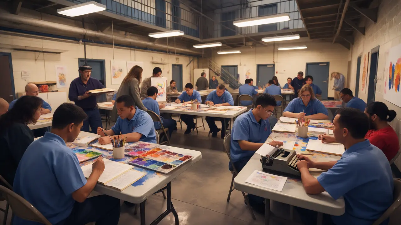 Group of inmates creating art and writing in a prison workshop room