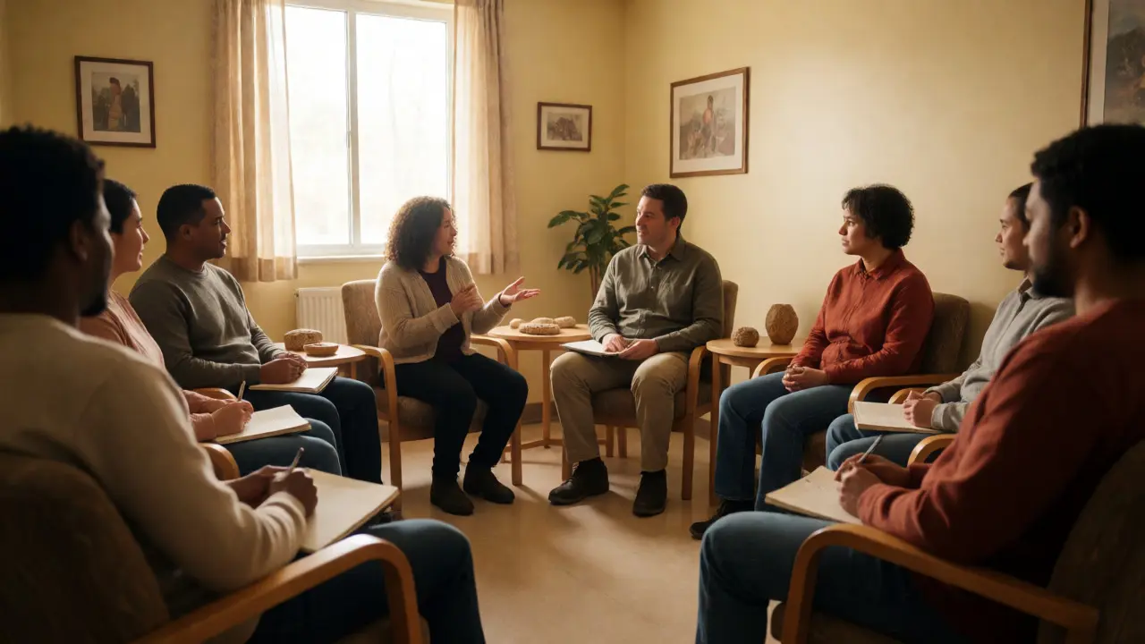 Group therapy session in a safe, softly lit room where participants face the exit.