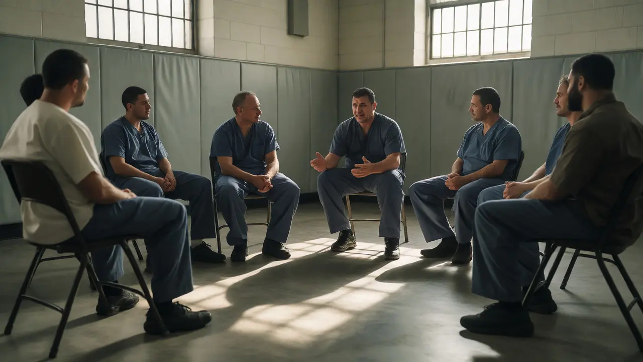 Group therapy session where incarcerated men engage in emotional peer support discussions.