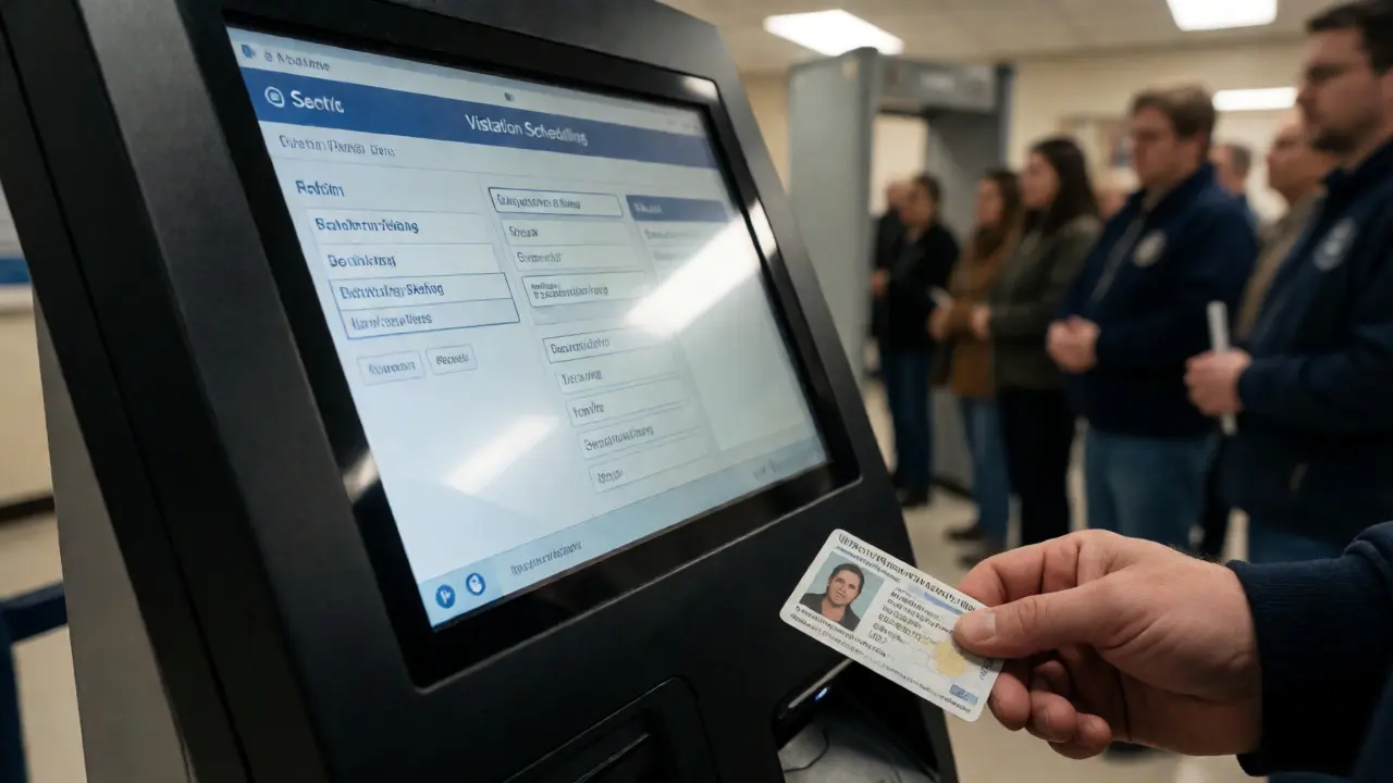 Hand holding ID card near a digital kiosk for prison visitation scheduling in a secure lobby.