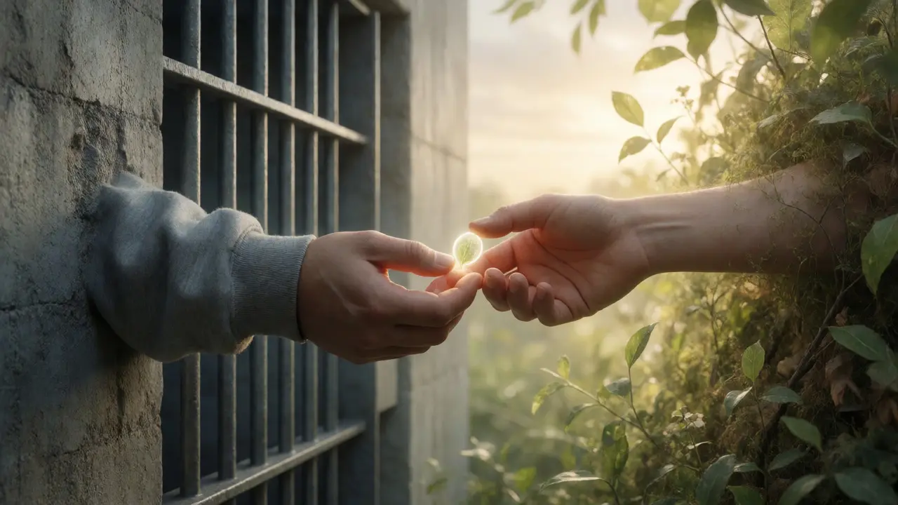 Hands passing a glowing object from a prison setting to a sunlit outdoor area.