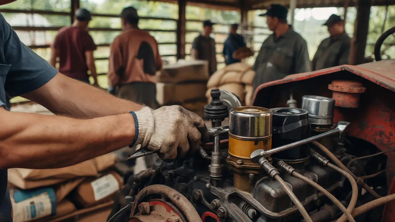 Hands repairing tractor engine parts in a prison workshop environment
