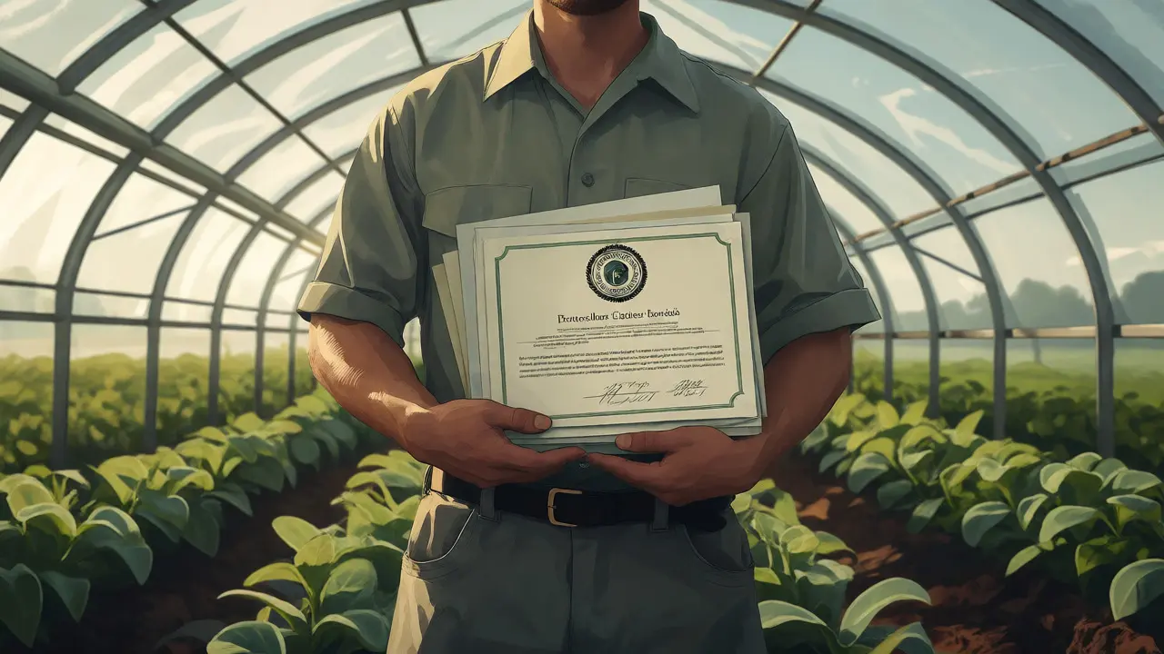 Individual holding certificates in front of a greenhouse field at sunrise