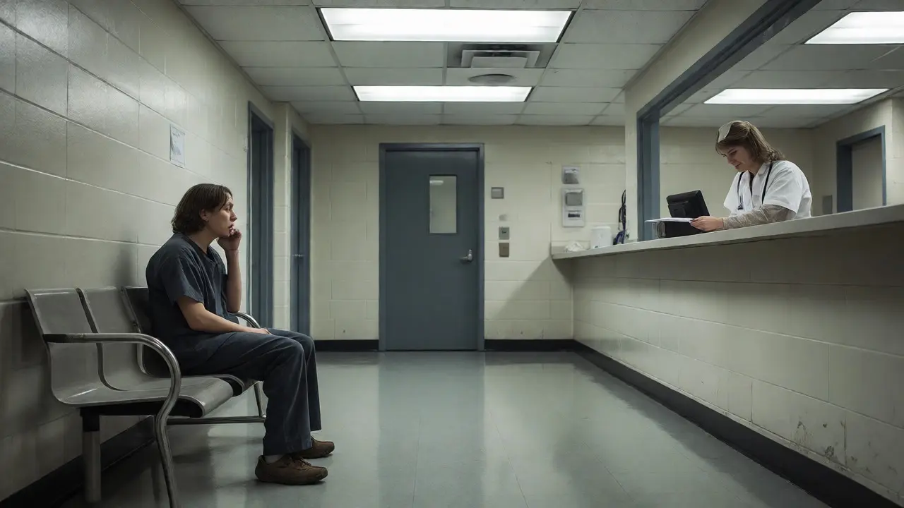 Inmate hesitating at prison clinic desk