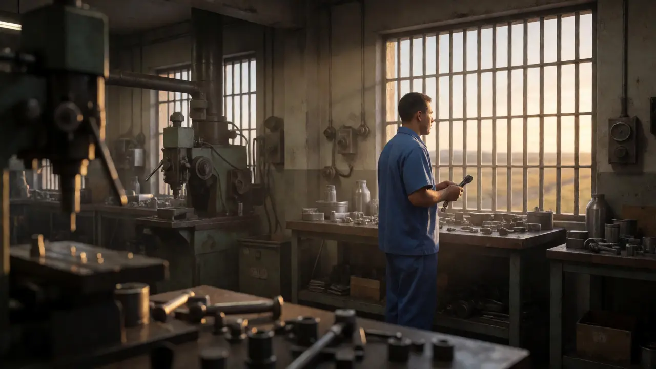 Inmate in prison workshop looking toward freedom through barred window