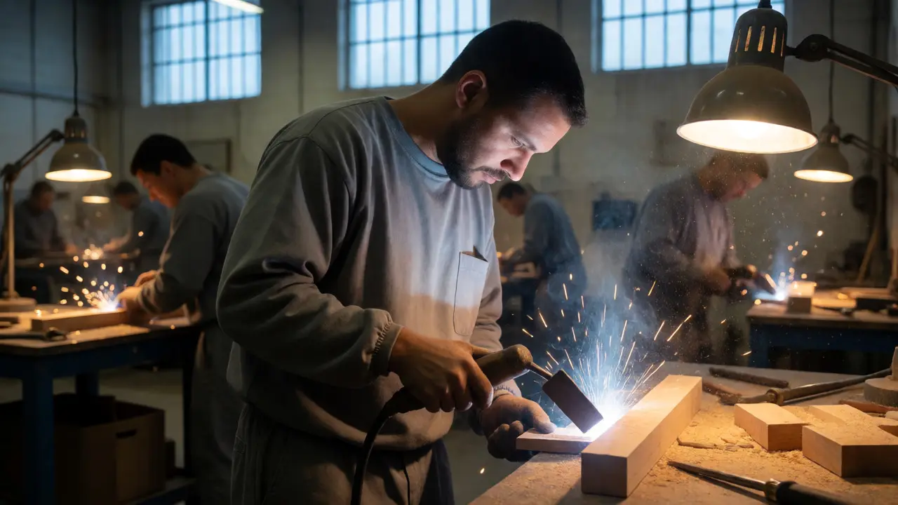 Inmate performing skilled vocational work in a prison workshop.