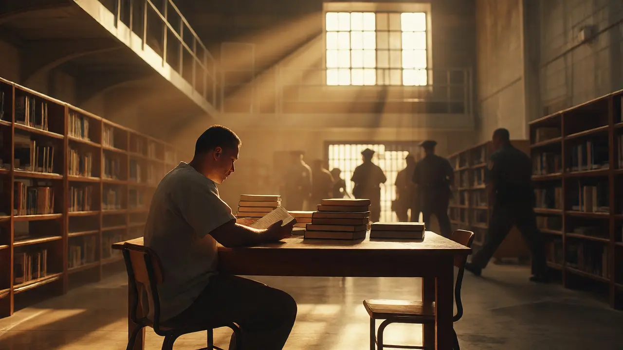 Inmate reading in a sunlit prison library during a security sweep