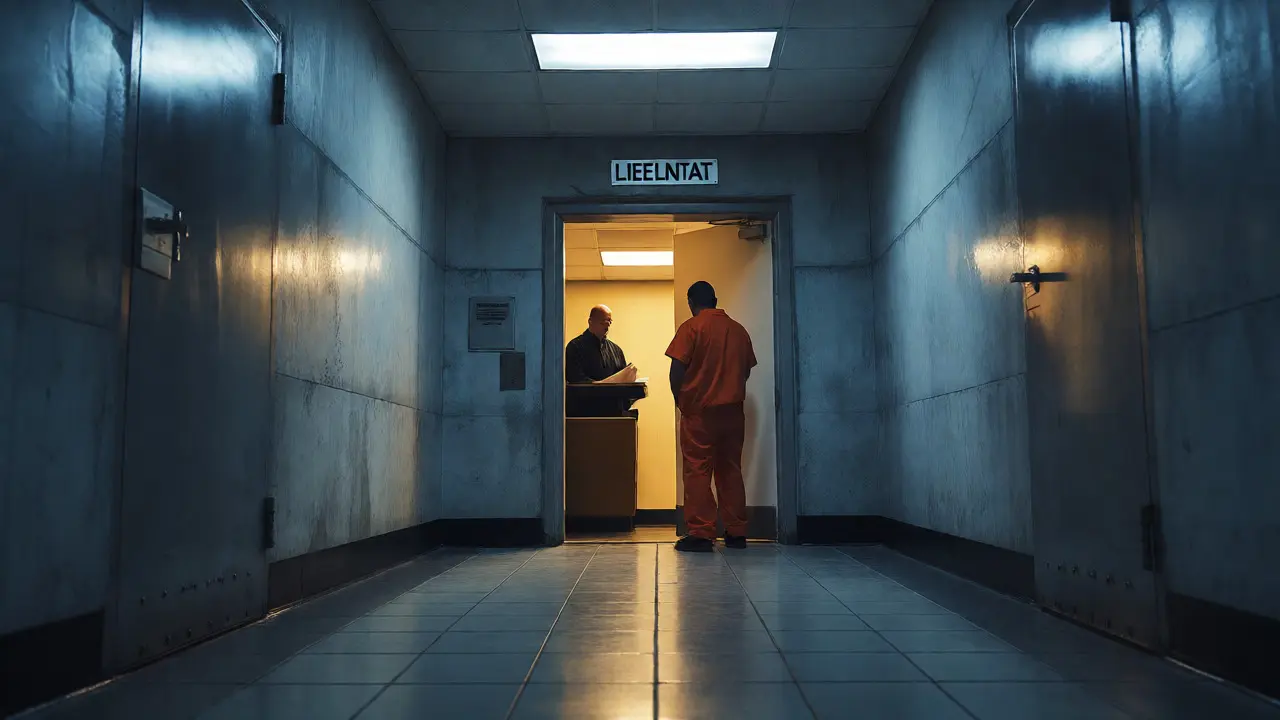 Inmate standing before the glowing entrance of a prison lieutenant's office.