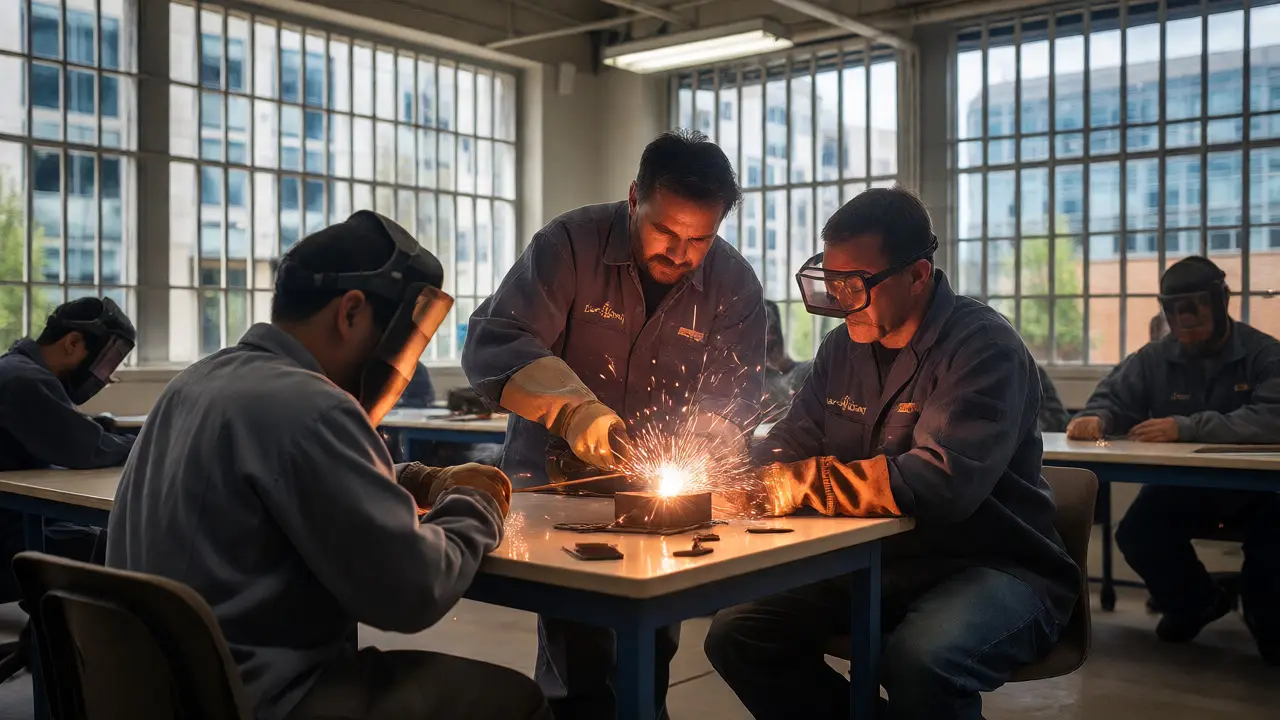 Inmates learning welding from community instructors inside prison