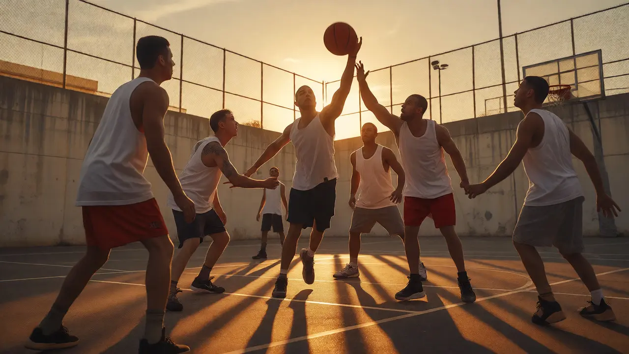 Inmates playing basketball in a sunlit prison yard