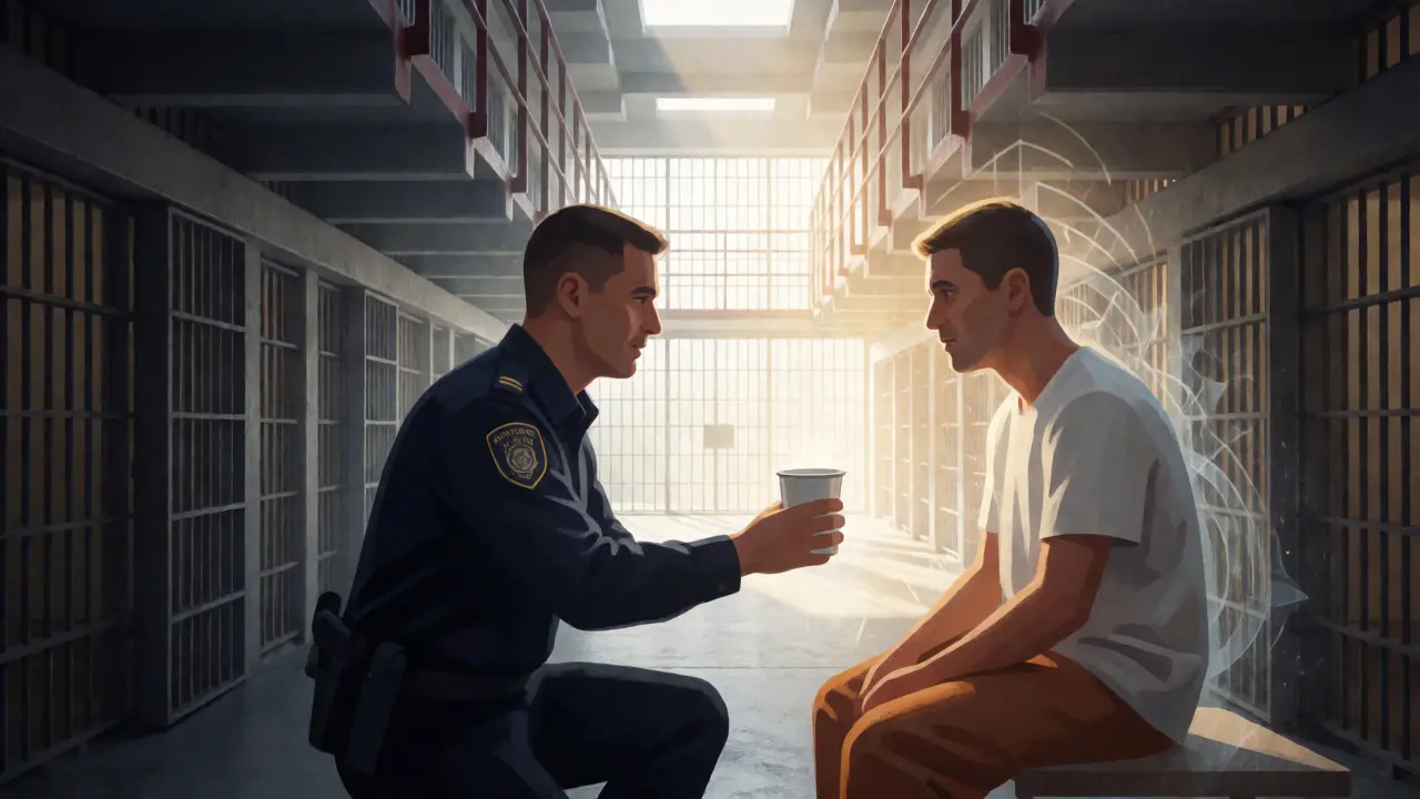 Officer offering water to an inmate during a mental health crisis intervention