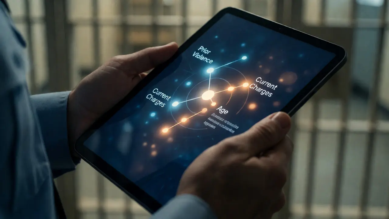 Officer reviewing digital risk assessment data on tablet