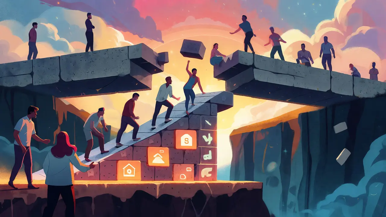 People build a glowing bridge across a chasm to connect returning citizens to care.
