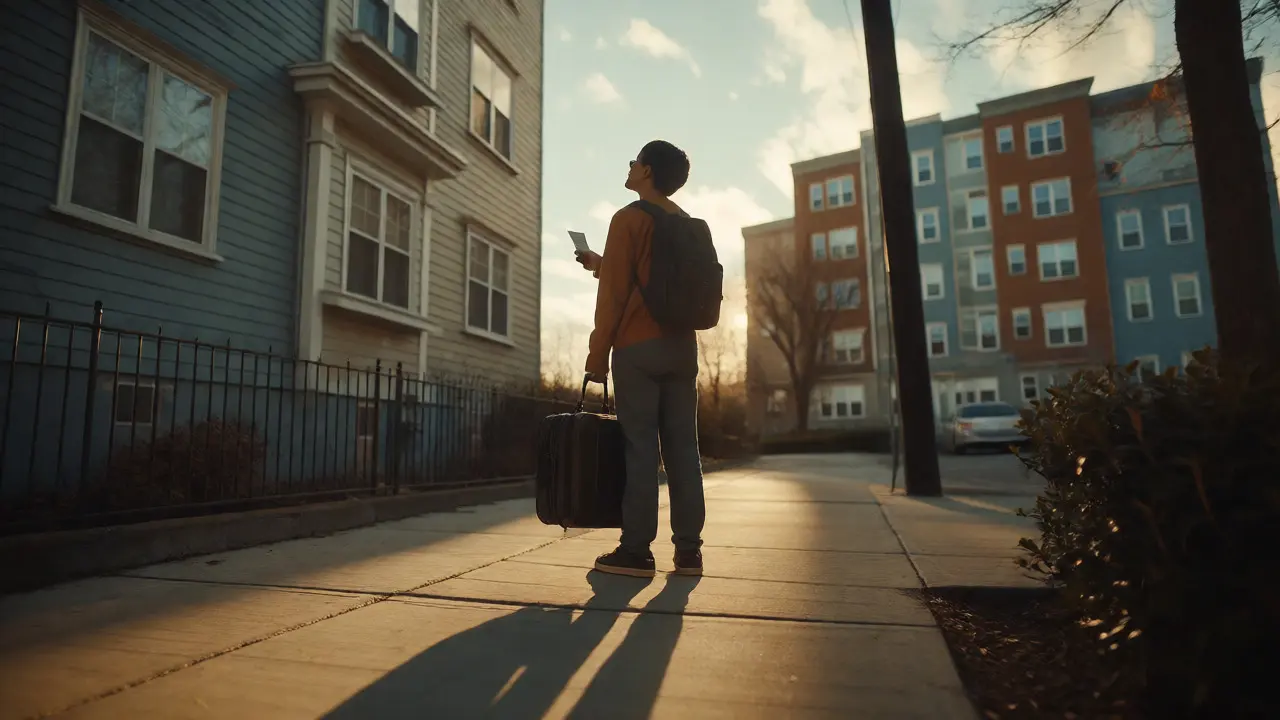 Person arriving in a new city with luggage, holding a travel permit.