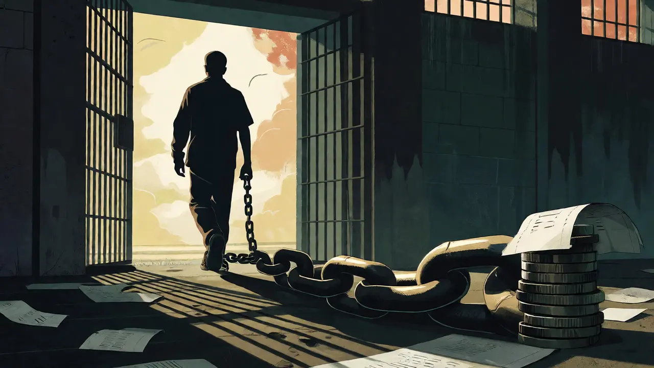 Person leaving prison with coin chain