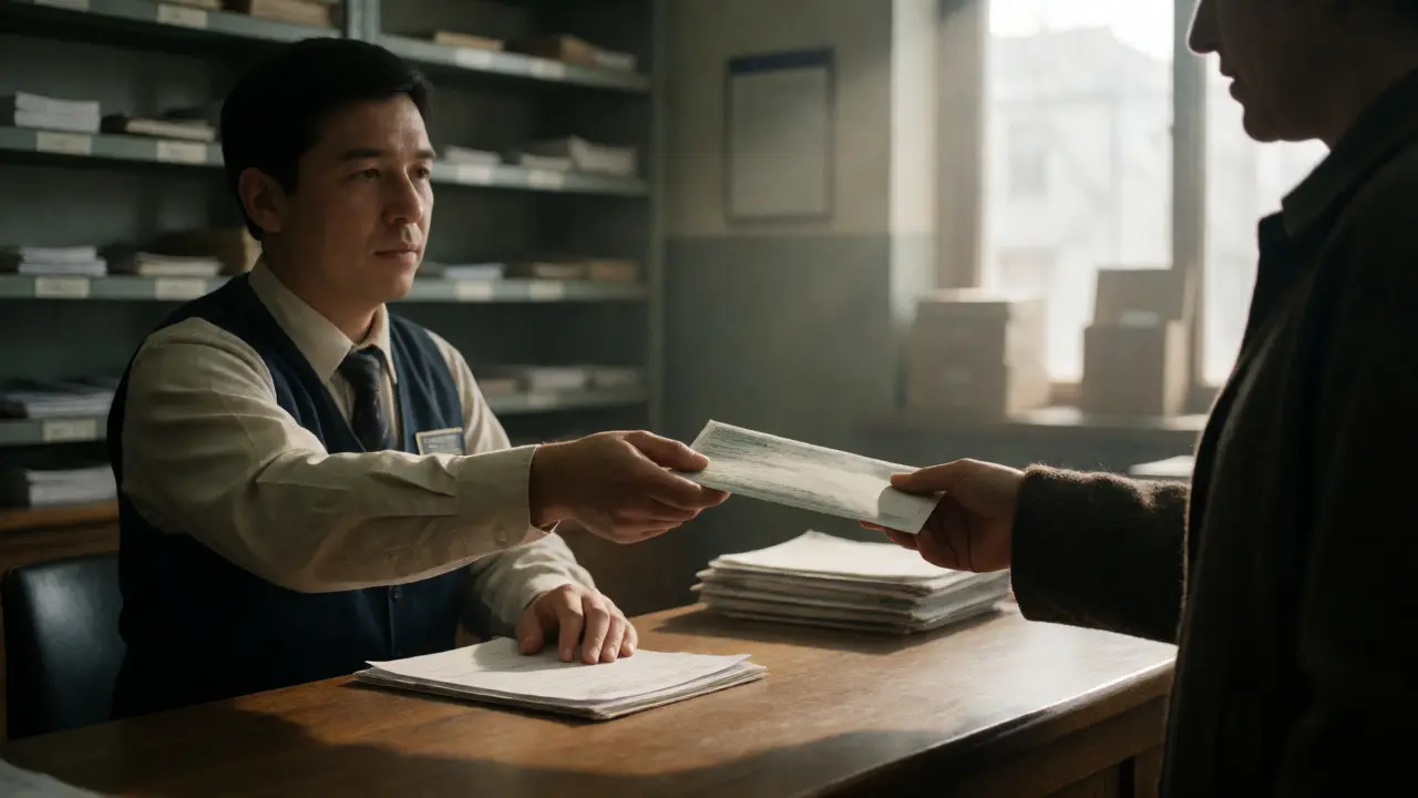 Postal worker handing over a money order envelope at a counter