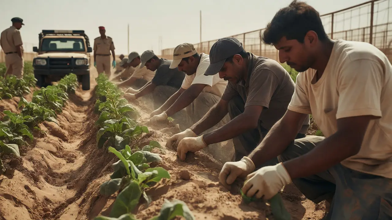 Prisoners working on a farm harvest under guard supervision