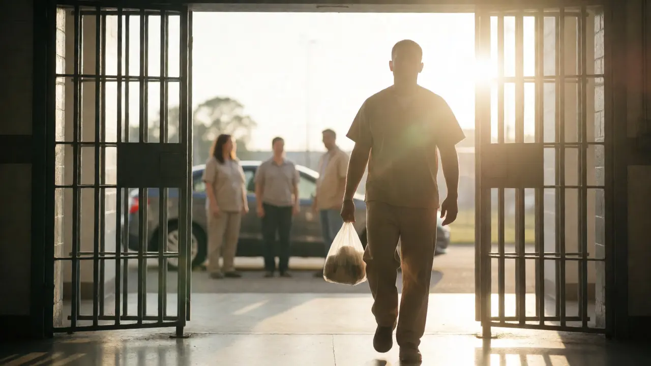 Released prisoner walking out of prison gates into bright daylight with support nearby