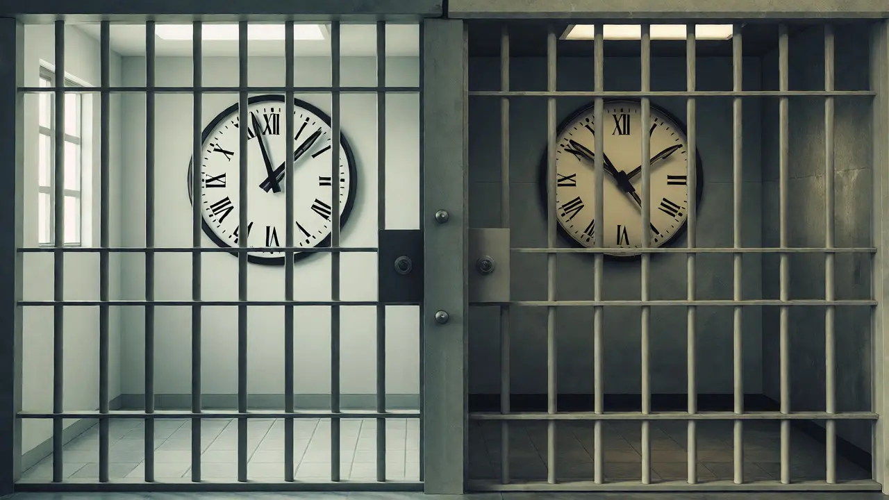 Side-by-side prison cells with clocks showing different speeds of time
