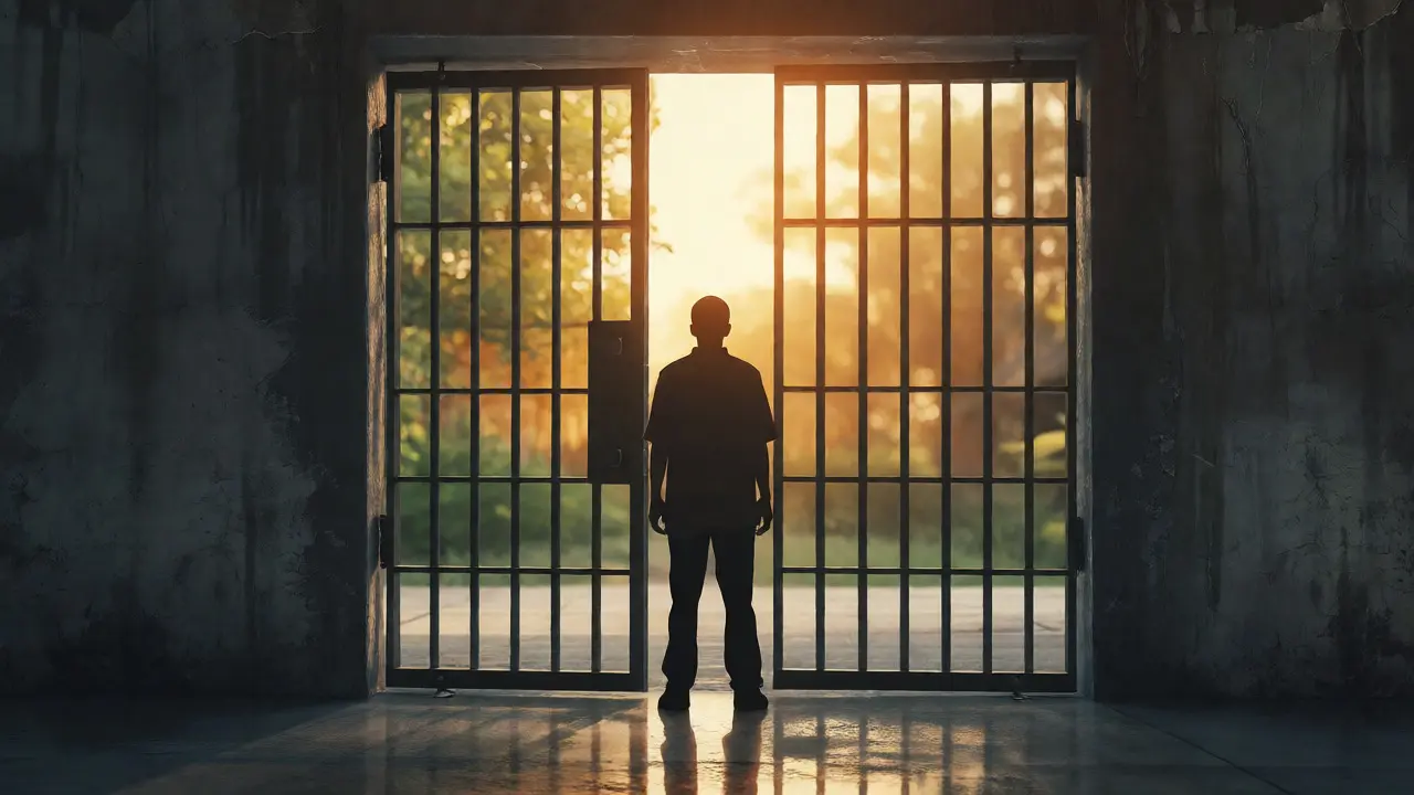 Silhouette standing at an open prison door looking toward sunlight