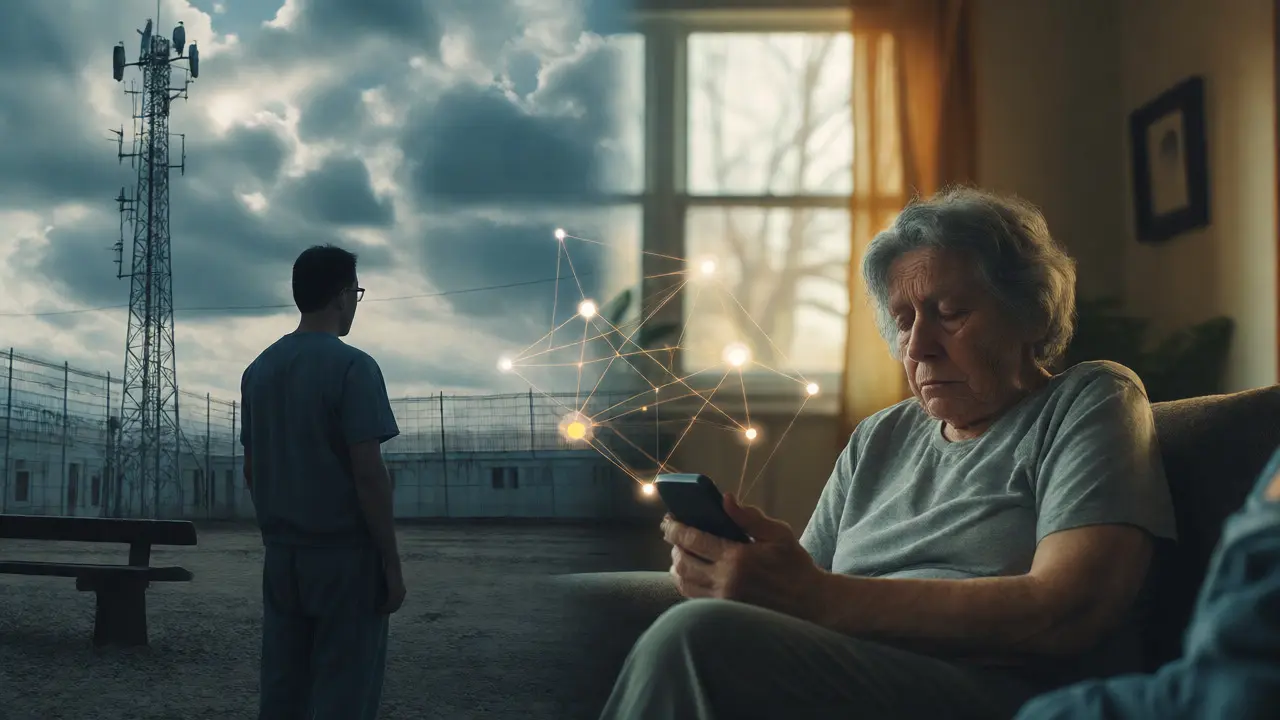Split view of an inmate and a family member connected by a monitored phone line.