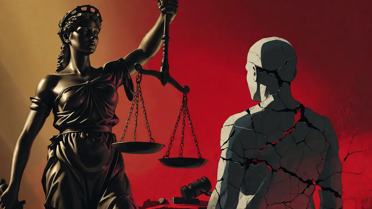 Symbolic illustration of a cracked stone figure representing mental illness beneath an imbalanced scale of justice.