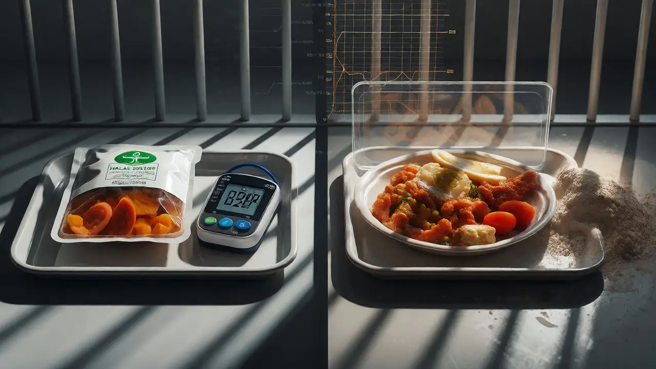 Symbolic image showing Halal and gluten-free meals highlighting religious and medical compliance challenges.