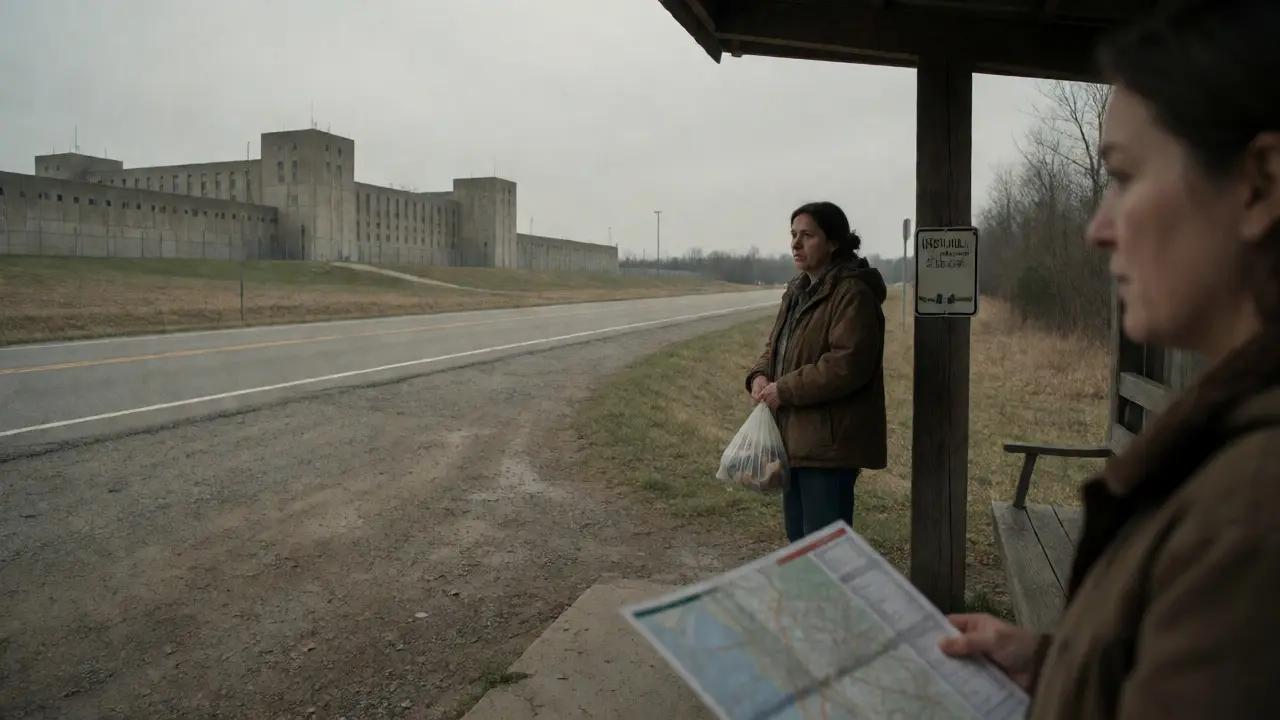 Tired mother waiting at a bus stop near a remote prison facility.