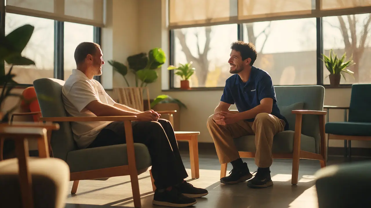 Two men talk in a warm community center during a peer support session.