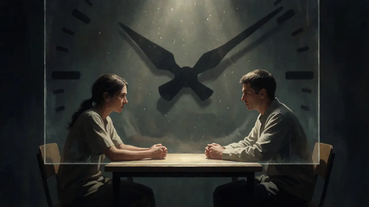 Two people sitting apart behind a barrier under looming shadow clocks representing time limits.