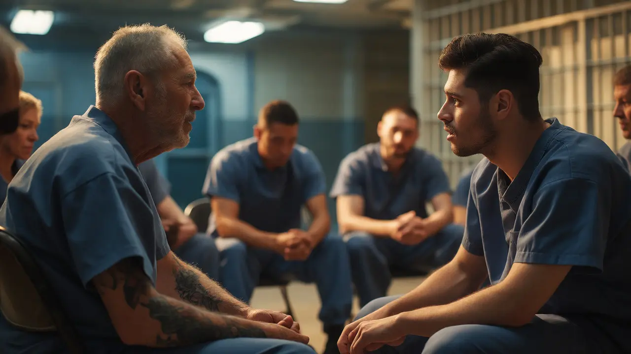 Two prisoners engaging in respectful dialogue during a structured CBT exercise.