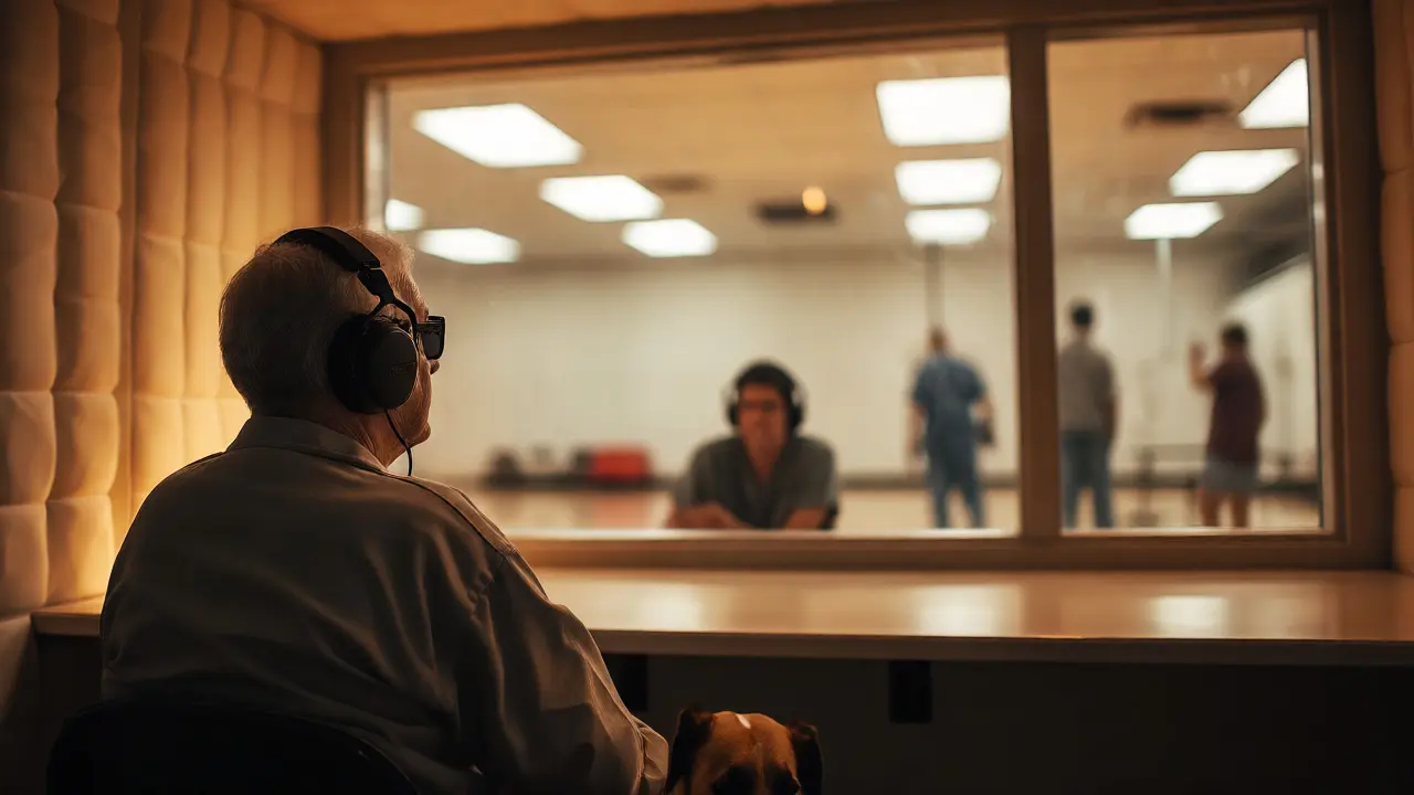 Visitor with headphones in quiet booth during prison visit