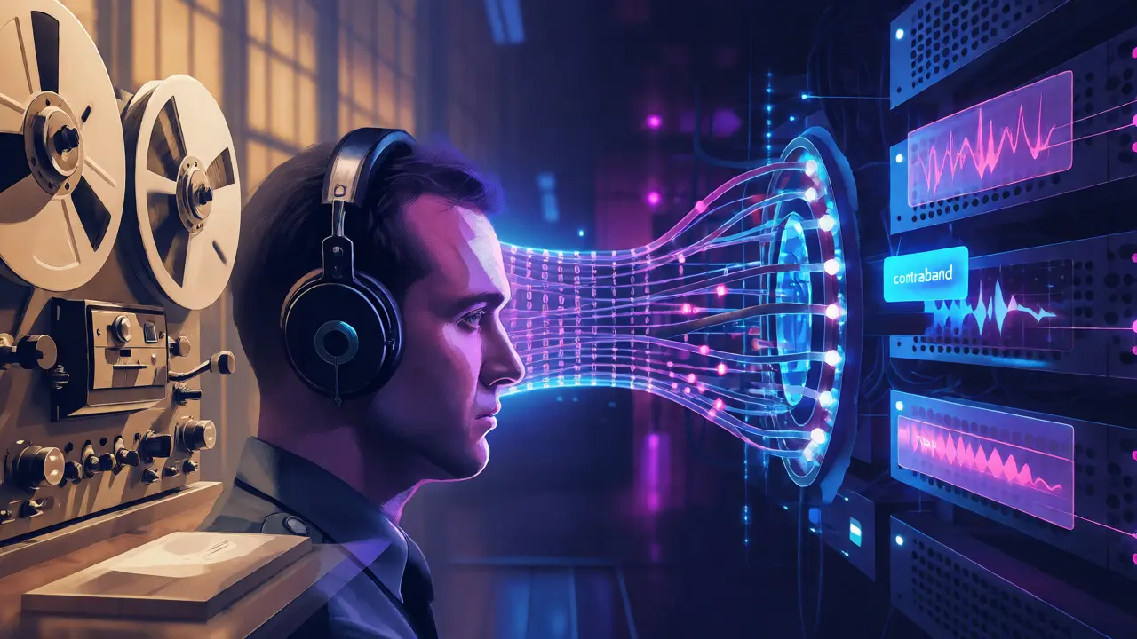 Visual contrast between old analog tape monitoring and modern AI voice recognition systems.